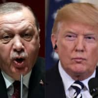 Turkish President Recep Tayyip Erdogan (left) deliverling a speech in Ankara last year; and U.S. President Donald Trump attends a press conference in Washington last July. Trump warned Turkey on Sunday of economic devastation if it attacks Kurdish forces in the wake of the U.S. troop pullout from Syria, while also urging the Kurds not to \"provoke\" Ankara. | AFP-JIJI