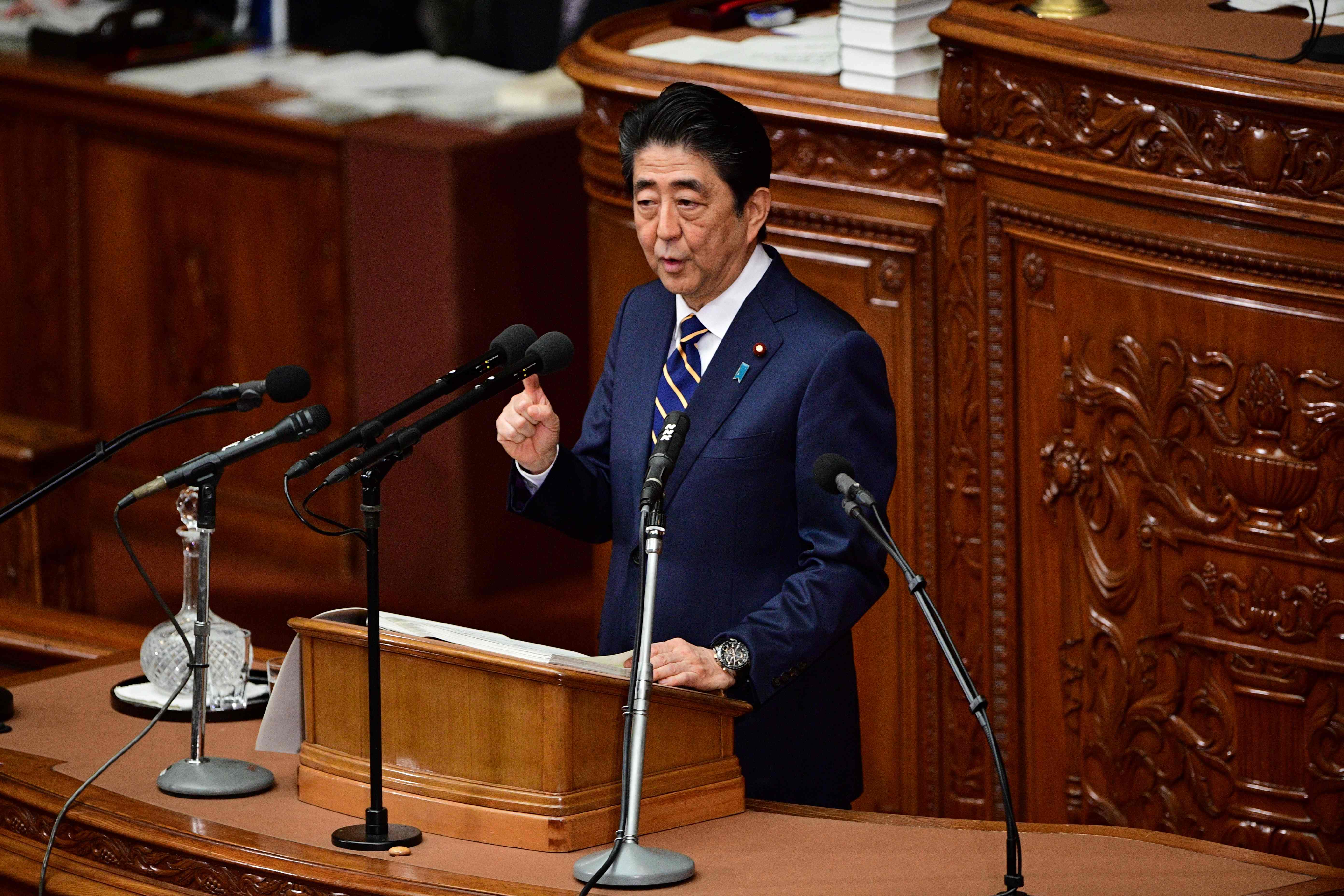 Prime Minister Shinzo Abe delivers his annual policy speech at the start of the ordinary Diet session in Tokyo on Monday.  | AFP-JIJI