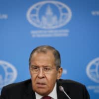 Russian Foreign Minister Sergey Lavrov speaks during his annual roundup news conference in Moscow on Wednesday. | AP