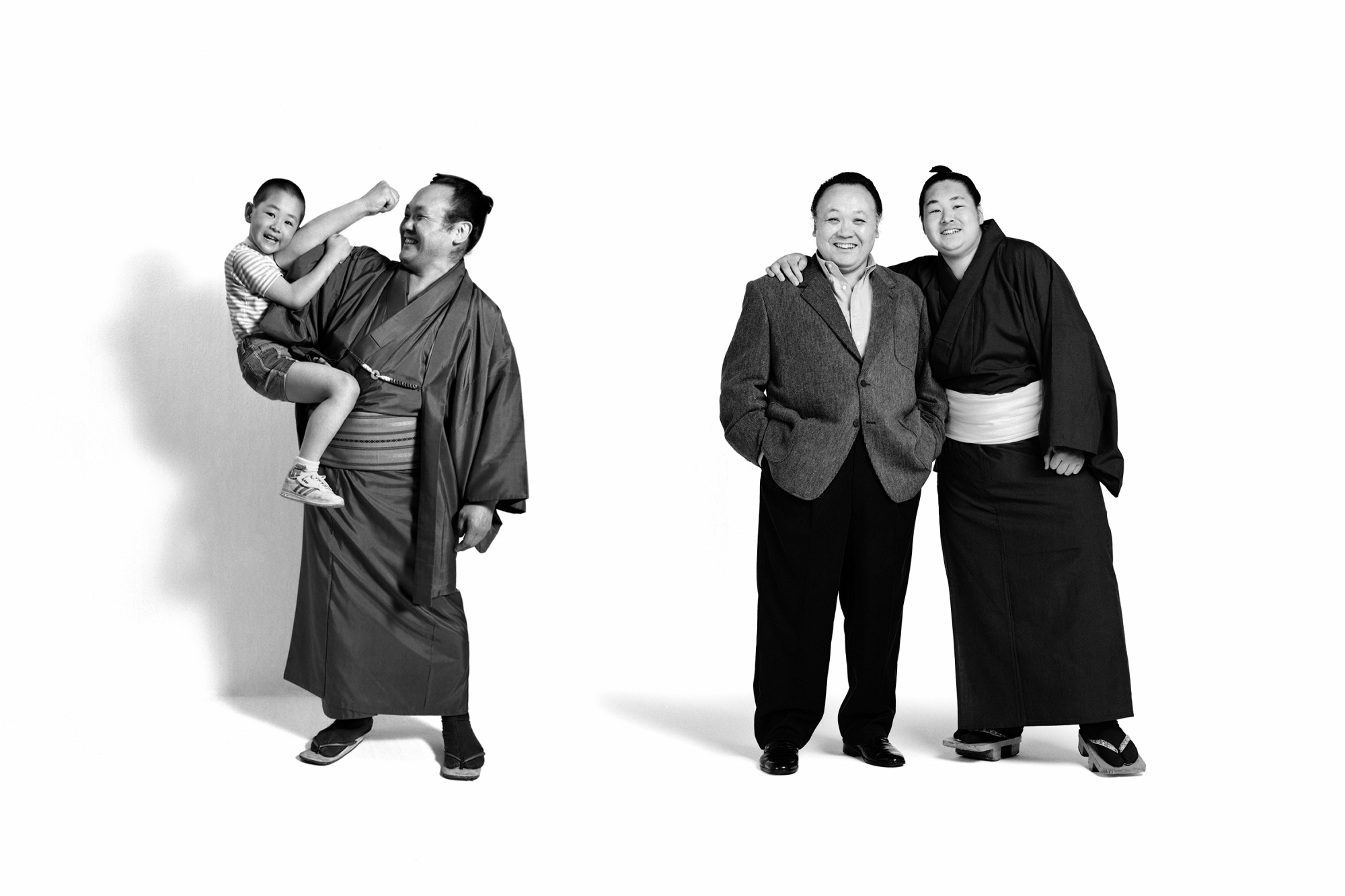 Professional sumo wrestler Mitsunari Kida holds his son, Tsuyoshi, on one arm in 1984 (left). The pair were photographed by Osborn again in 2000, Tsuyoshi now grown and a sumo wrestler himself. | BRUCE OSBORN