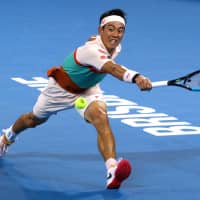 Kei Nishikori in action during his match against Russia\'s Daniil Medvedev during the men\'s final of the Brisbane International on Sunday. | REUTERS