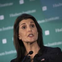 Nikki Haley speaks during the Hudson Institute\'s 2018 Award Gala in New York in December. Boeing is making room on its board of directors for Haley, the former U.S. ambassador to the United Nations. Boeing Co. said Tuesday that it nominated Haley for election at its annual shareholder meeting, which is scheduled for April 29. | AP