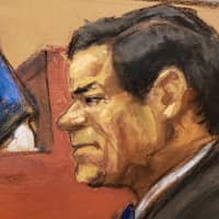 The accused Mexican drug lord, Joaquin \"El Chapo\" Guzman, listens to testimony by Isaias Valdez Rios (not shown) in this courtroom sketch during Guzman\'s trial in Brooklyn federal court in New York City Jan. 24. | JANE ROSENBERG / VIA REUTERS