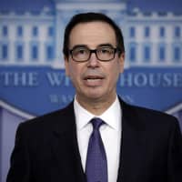 Treasury Secretary Steven Mnuchin speaks during a press briefing at the White House in Washington NMonday. Three senior House Democrats are demanding Mnuchin turn over documents that would show how his department decided to lift financial sanctions against three companies connected to Russian oligarch Oleg Deripaska. | AP