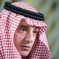 Saudi Arabian Foreign Minister Adel al-Jubeir answers journalist during an European Union-Leagues Arab States ministerial meeting in Brussels on Feb. 4. | AFP-JIJI