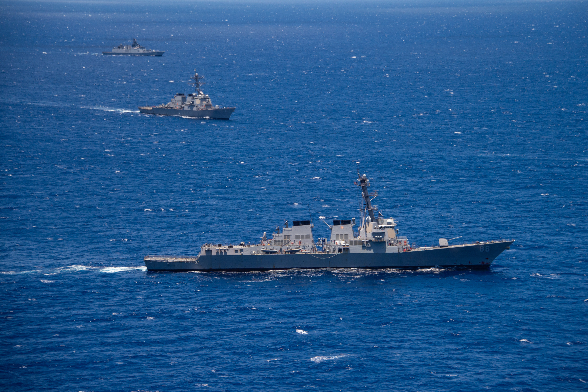 The guided-missile destroyer USS Preble participates in a group sail during the Rim of the Pacific (RIMPAC) exercise off the coast of Hawaii last July. | U.S. NAVY