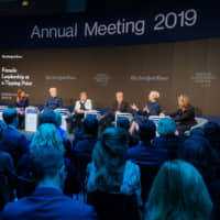 A panel, including Michelle Bachelet, United Nations High Commissioner for Human Rights, discusses gender issues during the World Economic Forum\'s annual meeting in Davos, Switzerland, on Jan. 24. | WORLD ECONOMIC FORUM