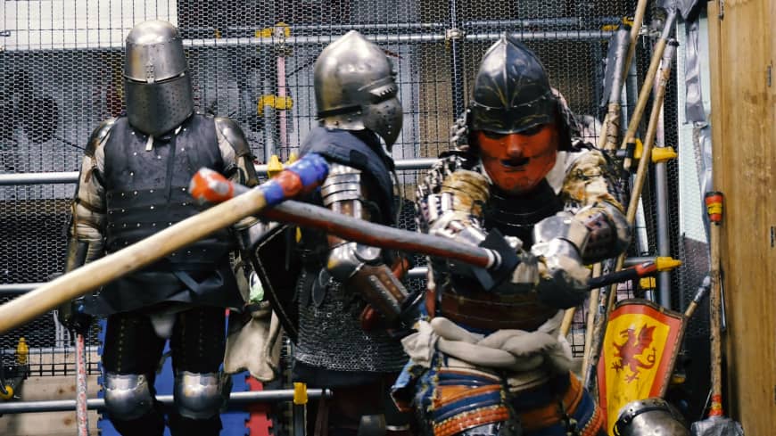 A fighter in samurai armor launches an attack during a sparring session on Feb. 10 at Castle Tintagel in Tokyo