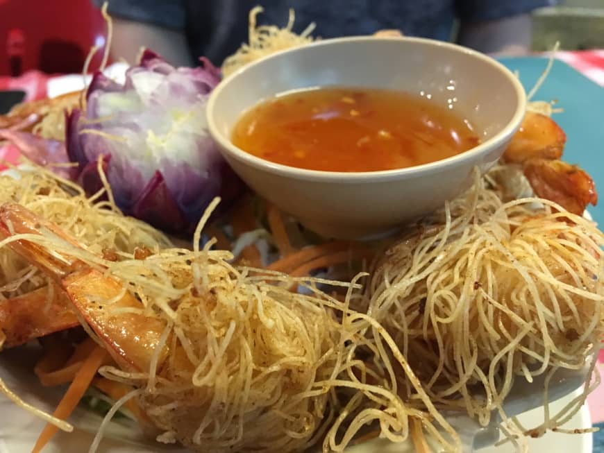 An appetizer of noodle-wrapped prawns is served at Euro Thai Restaurant