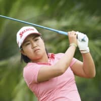 Nasa Hataoka plays her shot from the second tee during the first round of the HSBC Women\'s World Championship in Singapore on Thursday. | GETTY / VIA KYODO