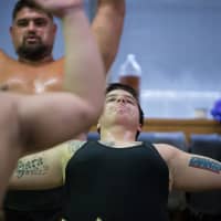 U.S. Sumo Federation president Helen Delpopolo trains at Nihon University in Tokyo\'s Suginami Ward on Dec. 1, 2017. | JOHN GUNNING