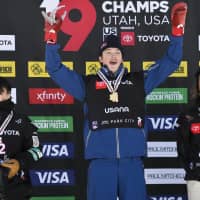 Silver medalist Yuto Totsuka (left) stands on the podium along with gold medalist Scotty James (center) of Australia and bronze medalist Patrick Burgener of Switzerland after the men\'s snowboard halfpipe final at the Freestyle Ski and Snowboarding World Championships on Friday in Park City, Utah. | AP