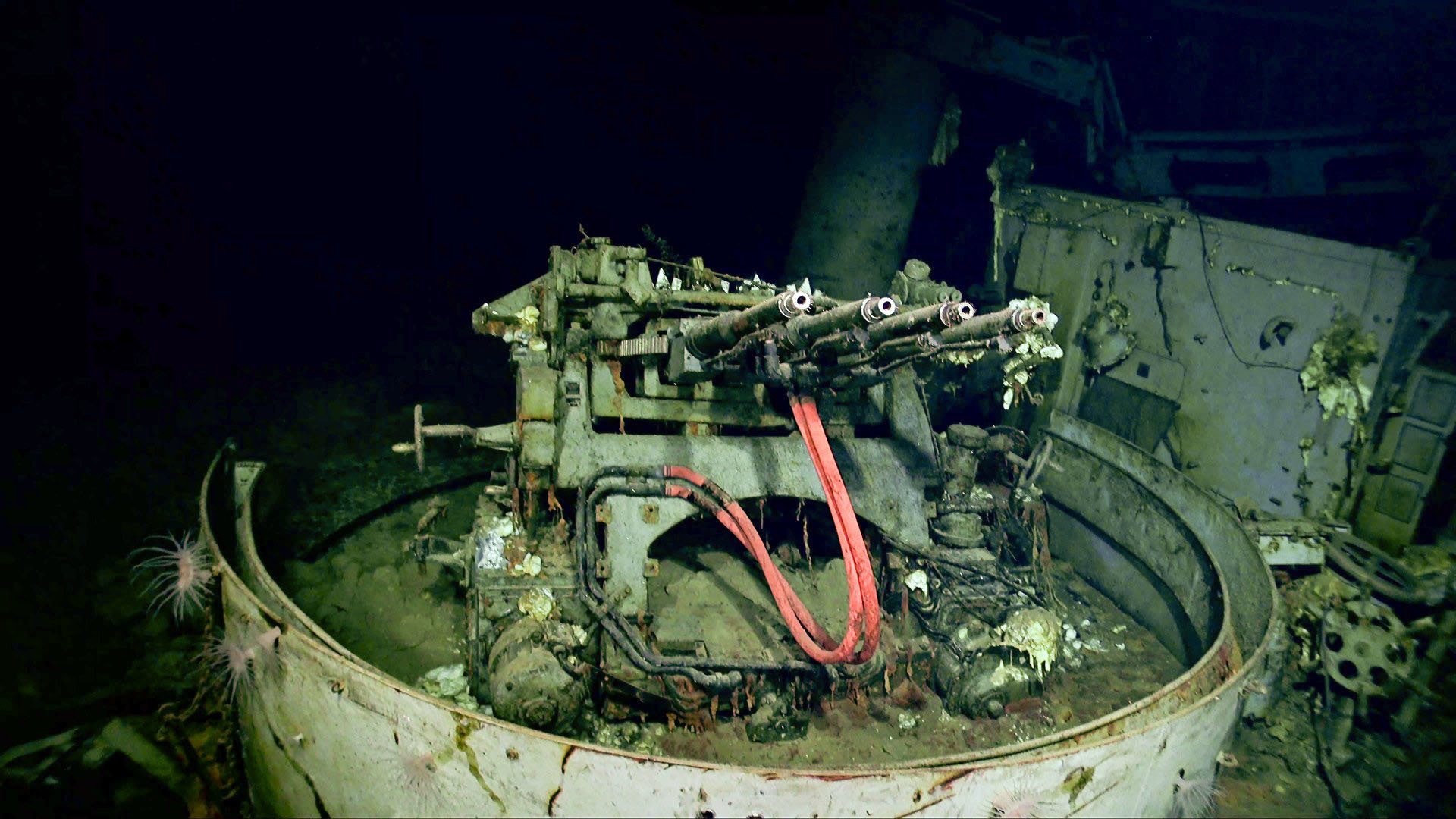 An anti-aircraft gun is seen amid the wreckage of the USS Hornet after the vessel was found in the South Pacific last month. The aircraft carrier played a key role in several monumental points during World War II including the Doolittle Raid on Japan. | PAUL G. ALLEN'S VULCAN INC.