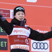 Ryoyu Kobayashi celebrates after winning the ski jumping World Cup event held in Willingen, Germany, on Sunday. Kobayashi became the sixth ski jumper in history to win 11 World Cup titles in a single season and also set a Japanese record with his 16th podium finish. | KYODO