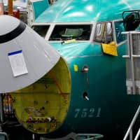 The angle of attack sensor (at bottom center) is seen on a 737 Max aircraft at the Boeing factory in Renton, Washington, Wednesday. | REUTERS