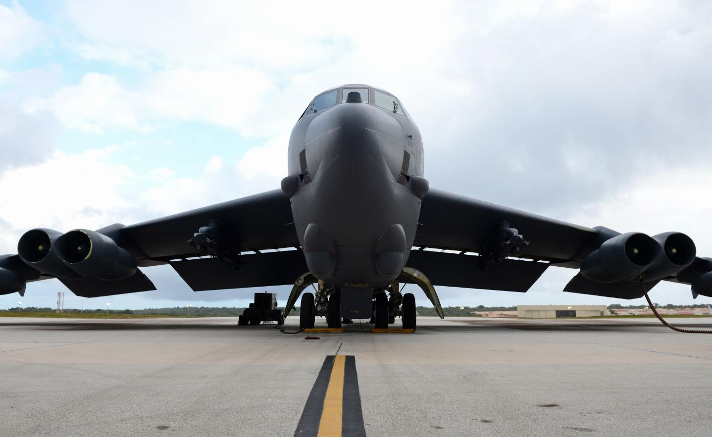 A U.S. Air Force B-52 bomber sits on a runway at Andersen Air Force Base on the island of Guam in April 2016. | U.S. AIR FORCE