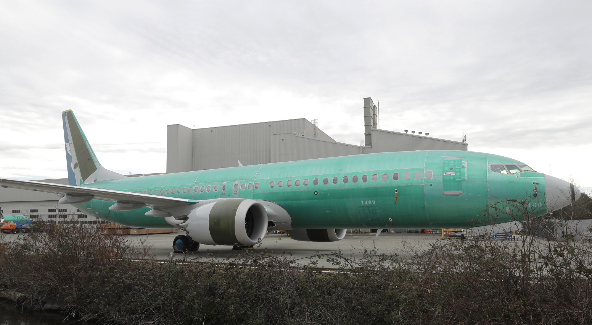 A Boeing 737 MAX 8 being built for Oman Air sits parked at Boeing Co.'s Renton Assembly Plant, Monday in Renton, Washington. Airlines in several countries grounded the same model jetliner Monday following Sunday's crash of an Ethiopian Airlines Boeing 737 Max 8, the second devastating crash of one of the planes in five months. | AP