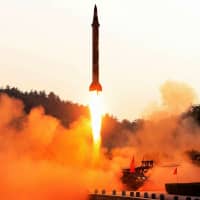 A North Korean ballistic missile is test-fired in this undated photo released on May 30, 2017. | KCNA VIA KNS / VIA AFP-JIJI