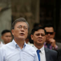 South Korean President Moon Jae-in visits the Angkor Wat temple, in Siem Reap province, Cambodia, on Saturday. | REUTERS