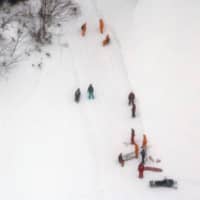 Rescuers are seen on a slope in Nasu, Tochigi Prefecture, in March 2017 following an avalanche that killed eight people. | KYODO