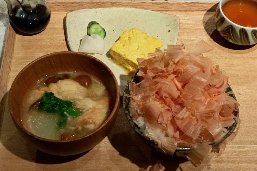 Rise and shine: The breakfast set at Katsuo Shokudo, with an extra serving of dashimaki tamago omelet.