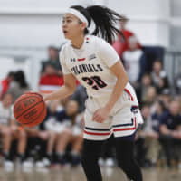 Robert Morris University\'s Honoka Ikematsu dribbles the ball in the Northeast Conference women\'s tournament final against Saint Francis University on Sunday in Moon Township, Pennsylvania. RMU advanced to the NCAA Women\'s Tournament with a 65-54 win over Saint Francis. | AP