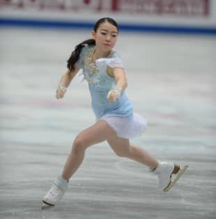 Rika Kihira performs her short program at the world championships on Wednesday. Kihira is in seventh place with 70.90 points.