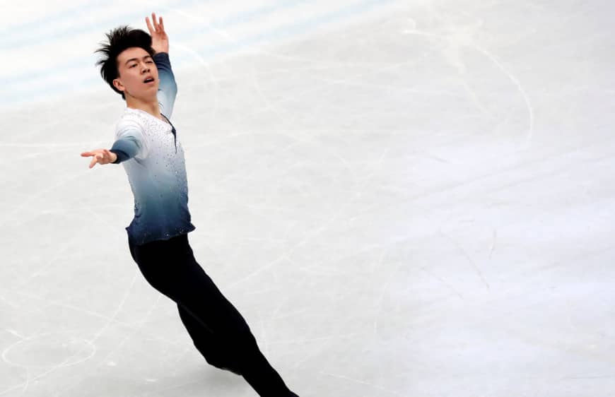 Vincent Zhou performs his short program at the world championships on Thursday. The American is in fourth place with 93.37 points.