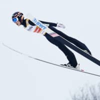 Ryoyu Kobayashi in action in the men\'s individual ski jumping event during the Ski Jumping World Cup in Vikersund, Norway, on Sunday. Kobayashi finished the event in second place. | AP