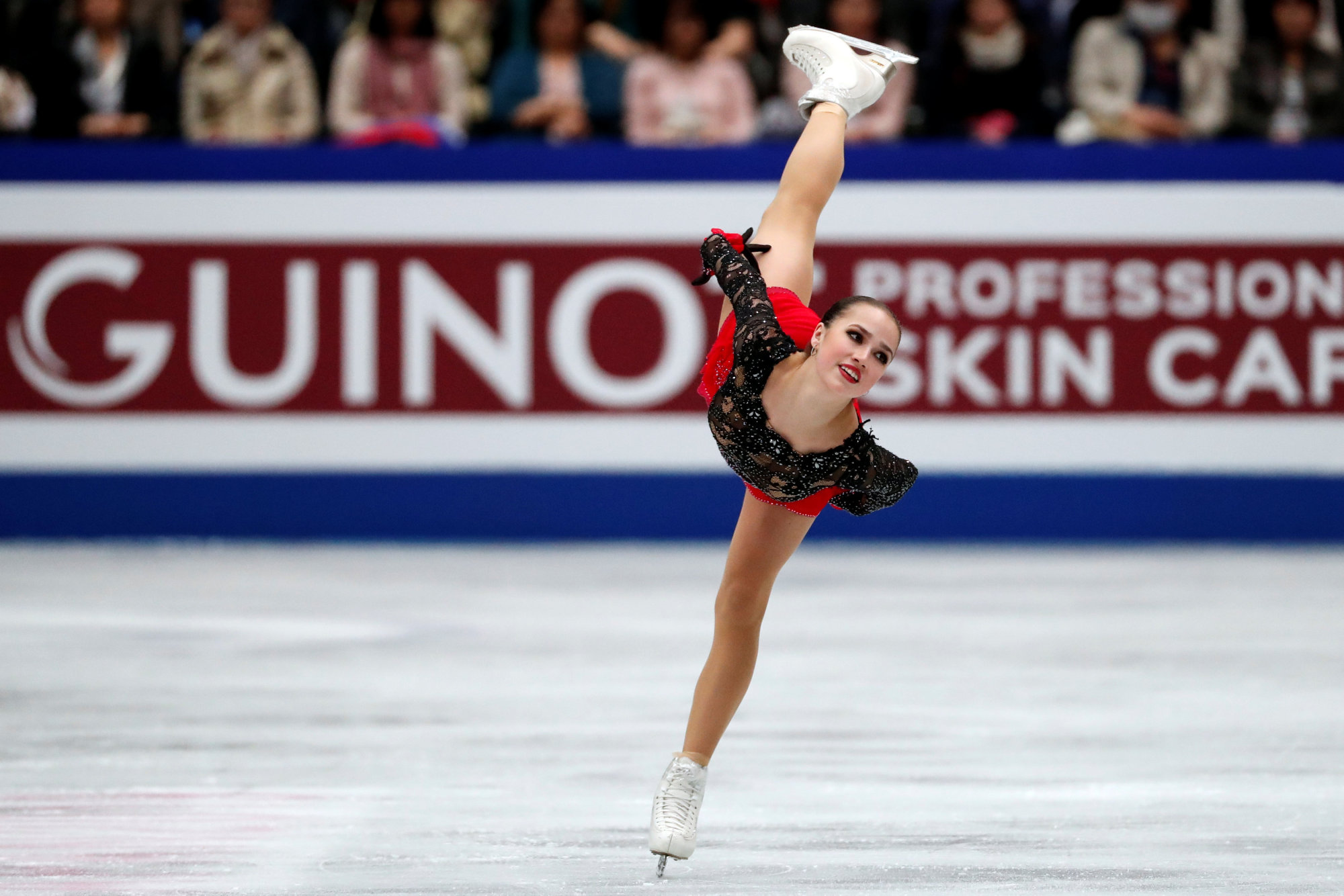 Russia's Alina Zagitova competes in the free skate at the World Figure Skating Championships on Friday night at Saitama Super Arena. Zagitova captured the women's title with 237.50 points. | REUTERS