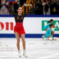 Alina Zagitova reacts after her performance in the women\'s free skate. | REUTERS