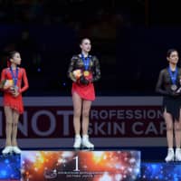 Alina Zagitova (center) won the competition with 237.50, followed by Elizabet Tursynbaeva (left) with 224.76 and fellow Russian Evgenia Medvedeva with 223.80. | DAN ORLOWITZ