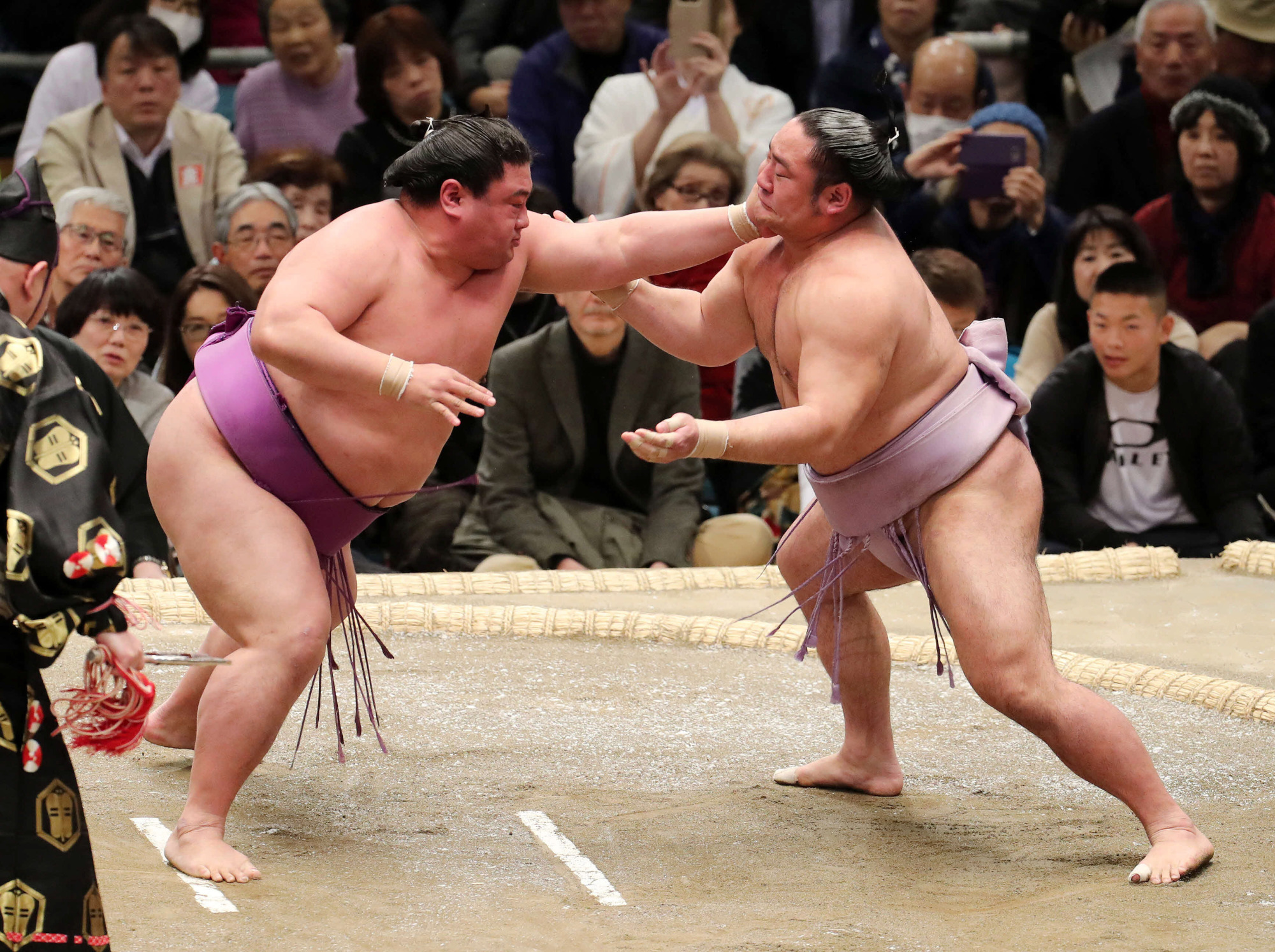 No. 12 maegashira Yoshikaze (left) battles with No. 15 Kotoeko on Friday at the Spring Grand Sumo Tournament in Osaka. | NIKKAN SPORTS