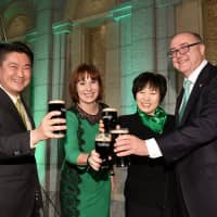 Irish Minister for Culture, Heritage and the Gaeltacht Josepha Madigan (second from left) poses with (from left) Justice Minister Takashi Yamashita, State Minister for Foreign Affairs Toshiko Abe and Irish Ambassador Paul Kavanagh during a reception to celebrate Ireland\'s national day, St. Patrick\'s Day, at Hotel Okura Tokyo on March 15. | YOSHIAKI MIURA