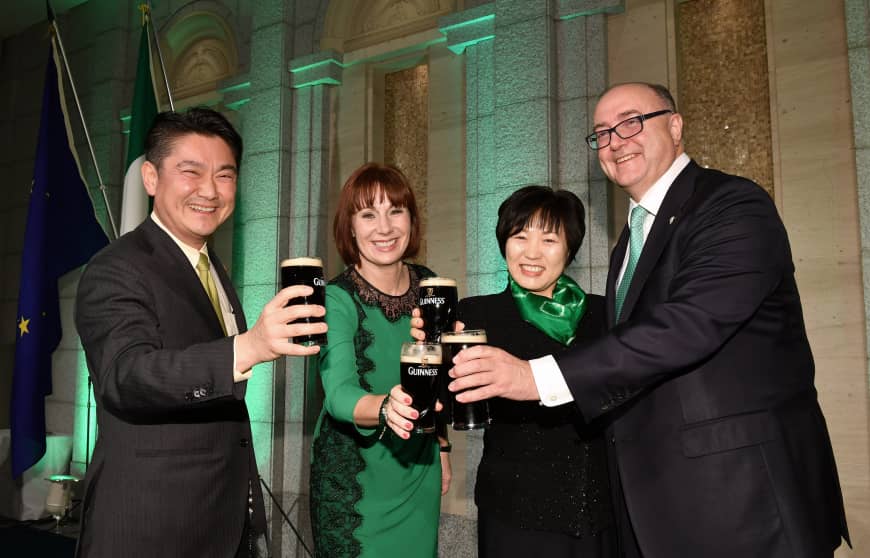 Irish Minister for Culture, Heritage and the Gaeltacht Josepha Madigan (second from left) poses with (from left) Justice Minister Takashi Yamashita, State Minister for Foreign Affairs Toshiko Abe and Irish Ambassador Paul Kavanagh during a reception to celebrate Ireland