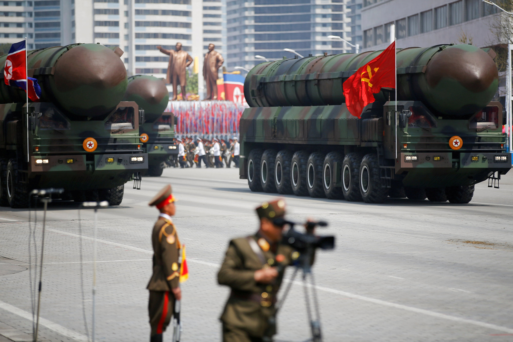 North Korean intercontinental ballistic missiles are seen during a military parade marking the 105th anniversary of the birth of the country's founder, Kim Il Sung, in Pyongyang in April 2017. | REUTERS
