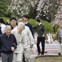 Emperor Akihito and Empress Michiko view cherry blossoms during their walk through the outer Imperial Palace grounds in Tokyo early Sunday morning. | KYODO