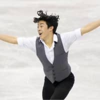 American Nathan Chen performs his short program at the World Team Trophy on Thursday in Fukuoka. Chen leads the men\'s field with 101.95 points. | KYODO