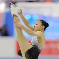 Kaori Sakamoto competes in the women\'s free skate on Saturday. She placed third overall with a career-high score of 223.65 points. | AFP-JIJI