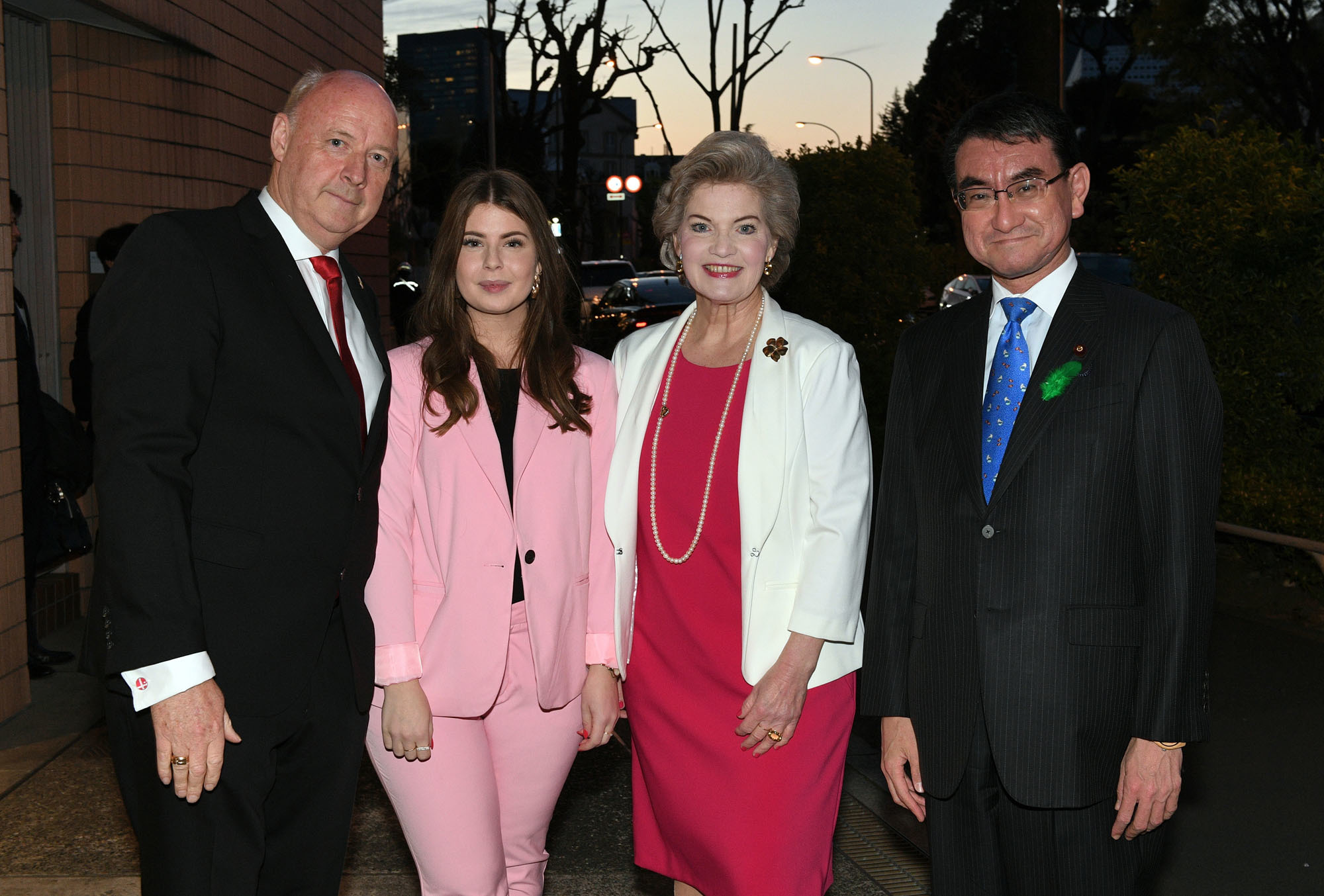At a reception to celebrate the birthday of Her Majesty Queen Margarethe II, (from left) Danish Ambassador Freddy Svane, his daughter, Anna Frederiksen Svane, and his wife, Lise Frederiksen, welcome Foreign Minister and Chairman of the Japan-Denmark Parliamentary Friendship League Taro Kono at the Danish Embassy on April 16. |  YOSHIAKI MIURA
