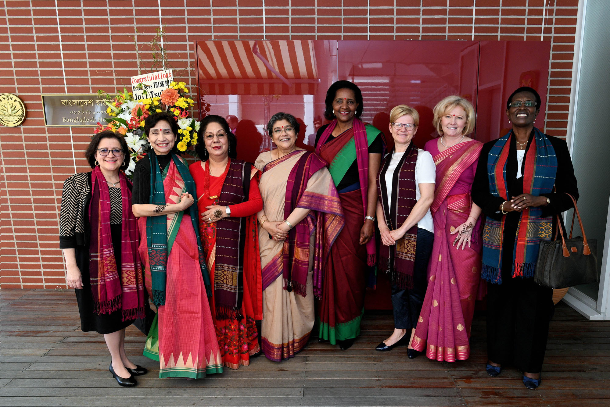 Bangladeshi Ambassador Rabab Fatima (fourth from left) poses with (from left) Guatemalan Ambassador Angela Chavez, El Salvadorian Ambassador Martha Lidia Zelayandia Cisneros, Nepali Ambassador Prativa Rana, Zambian Ambassador Ndiyoi Mutiti, Latvian Ambassador Dace Treija-Masi, Romanian Ambassador Svetlana Tatiana Iosiper and Rwandan Ambassador Venetia Sebudandi during a Boishakhi lunch to celebrate Bangladesh's 1,426th New Year at the Bangladesh House Terrace on      April 19. | YOSHIAKI MIURA