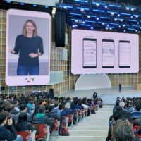 Stephanie Cuthbertson, director of product management for Android at Google, discusses the mobile operating system during the Google I/O developers conference in Mountain View, California, on Tuesday. | REUTERS