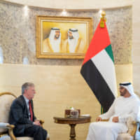 Abu Dhabi Crown Prince Sheikh Mohammed bin Zayed al-Nahyan meets with the U.S. National Security Adviser John Bolton in Abu Dhabi Wednesday. | WAM / HANDOUT / VIA REUTERS