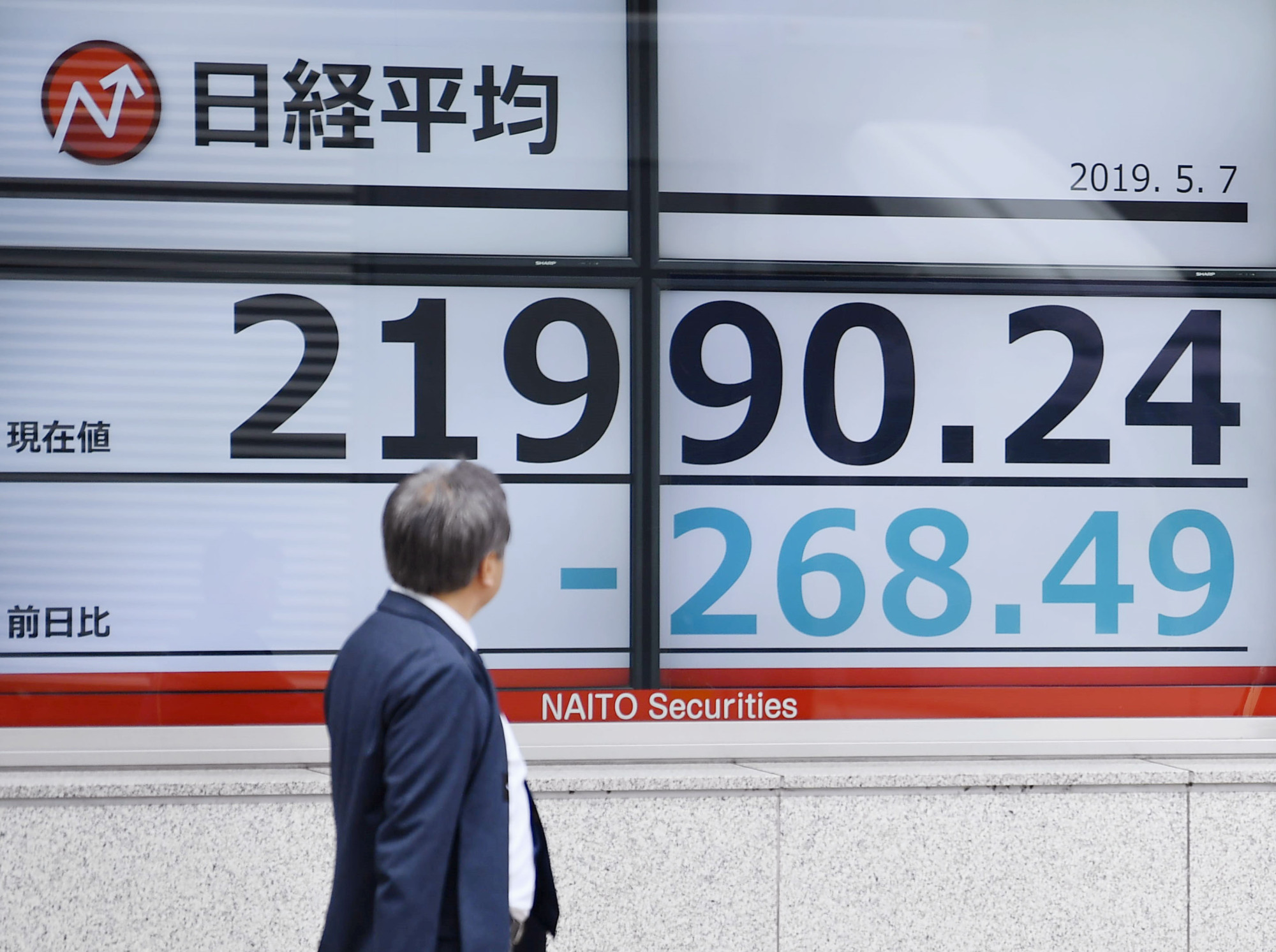 The Nikkei 225 stock average fell below 22,000 on Tuesday, hit by renewed concerns over U.S.-China trade tensions. | KYODO
