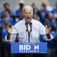 Democratic presidential candidate and former Vice President Joe Biden speaks during a campaign rally at Eakins Oval in Philadelphia on Saturday. | AP