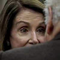 Speaker of the House Nancy Pelosi, D-Calif., speaks privately after addressing a bipartisan group at the Institute of Politics and Global Affairs at Cornell University Tuesday in New York. | AP