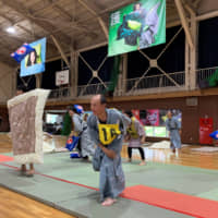 Participants compete to qualify for the All-Japan Pillow Fighting Championships in Ito, Shizuoka Prefecture, on Saturday. | REUTERS