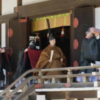 Emperor Naruhito performs a ritual at the Imperial Palace in Tokyo on Wednesday to report to his ancestors about forthcoming ceremonies for his enthronement and associated thanksgiving set to be held this fall. | IMPERIAL HOUSEHOLD AGENCY / VIA KYODO