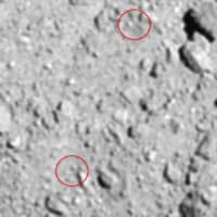 Red circles show changes in landforms, including craters, on the Ryugu asteroid that were produced with projectiles released from Japanese space probe Hayabusa2. | JAXA / VIA KYODO