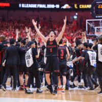 Alvark star Yudai Baba celebrates after winning the 2018-19 B. League final. | DAN ORLOWITZ
